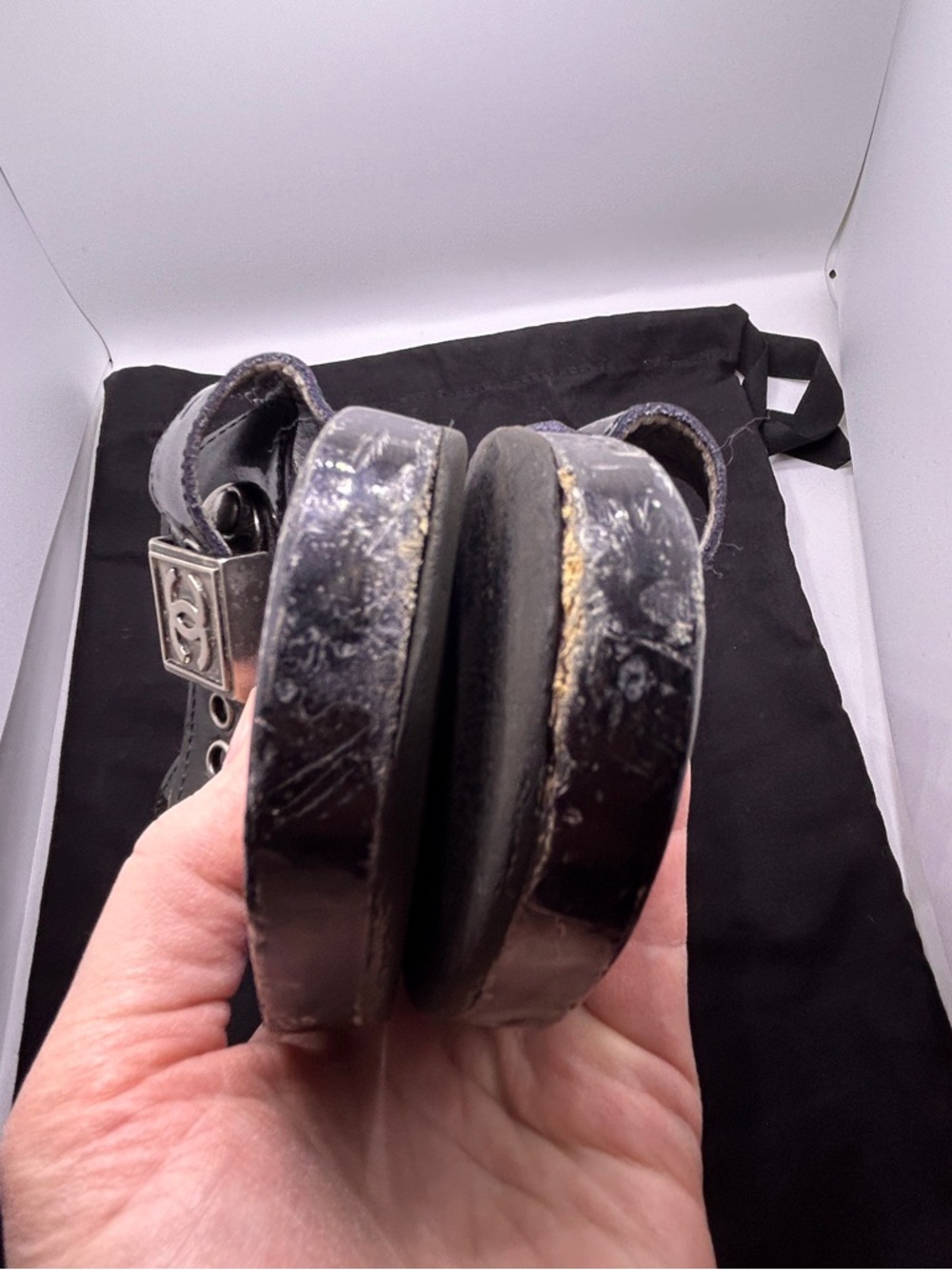 Chanel Wooden Platform Slide Sandals CC Logo Patent Leather Black Size 35 VTG - Picture 11 of 14